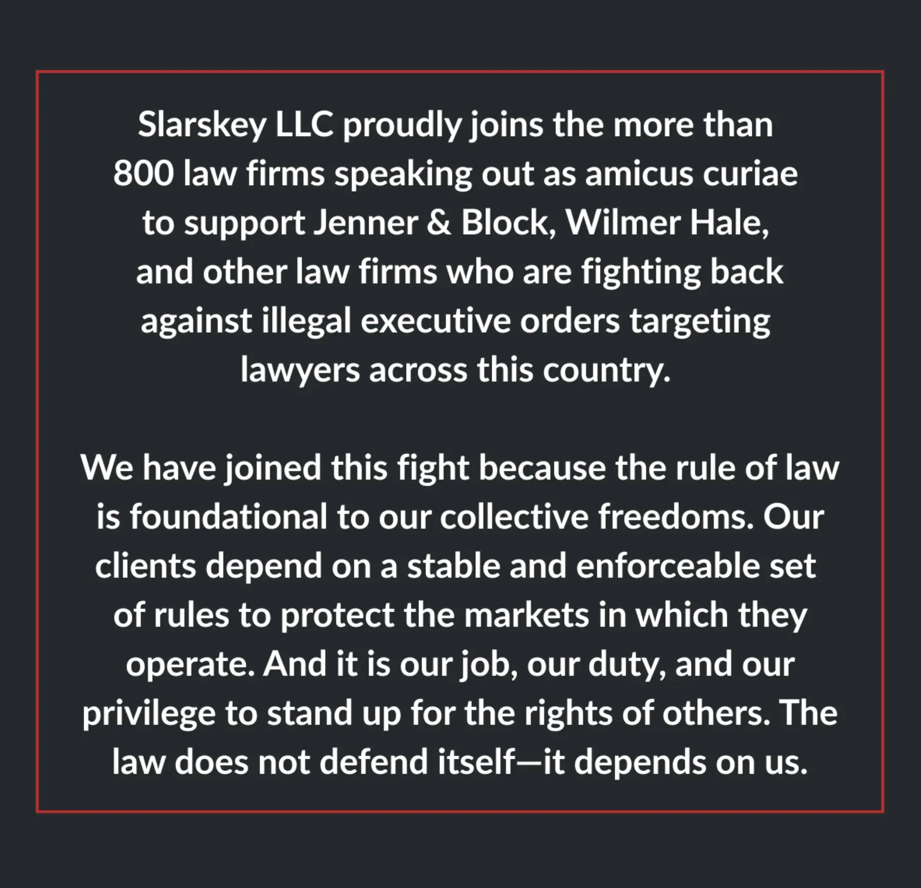 Picture of Slarskey LLC Joins 800+ Law Firms in Defending Rule of Law Against Unlawful Executive Orders